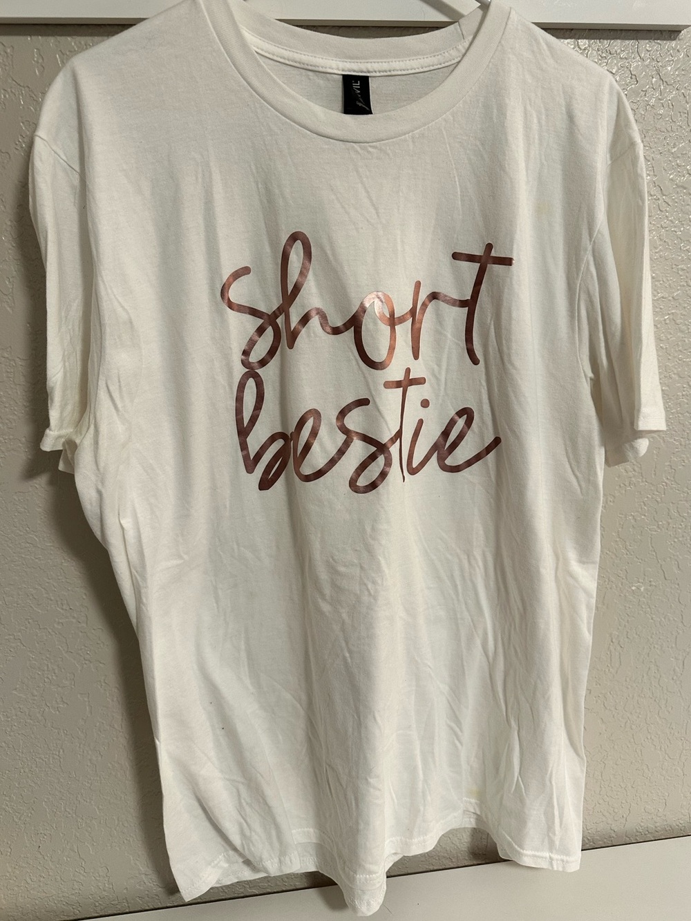 "Short Bestie" Funny White Graphic Tee with Rose Gold Script | Size L